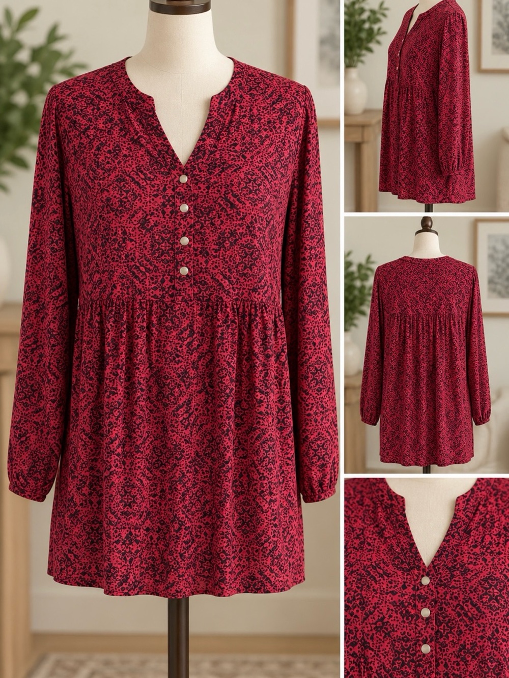 Red & Black Printed Tunic Blouse – Long Sleeve Flowy Boho Top